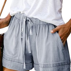 Women Drawstring Casual Summer Beach Shorts with Pocket | Comfy,Elastic Waist,High Waist,Cotton,Lightweight,Solid,Floral Print,Pocketed,Pants,Breathable