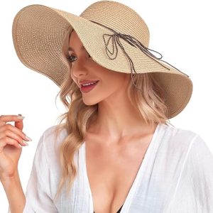Beach Hats for Women, Straw Sun Hat Floppy Wide Brim, Foldable UPF 50+ UV Protection Summer Hat