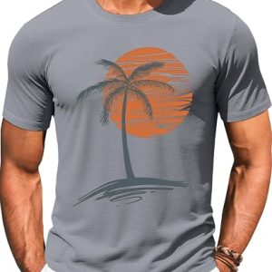 Runcati Mens Short Sleeve T-Shirts Graphic Crew Neck Shirt Printed Tees | Casual, Summer Beach, Sunset Palm Tree, Vintage Hawaiian Tees
