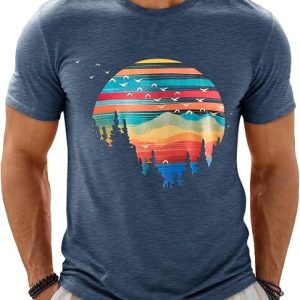 Runcati Mens Short Sleeve T-Shirts Graphic Crewneck Shirt Printed Tees | Vintage Sunset Print, Lightweight Casual Tshirts, Summer Beach Vacation Tops