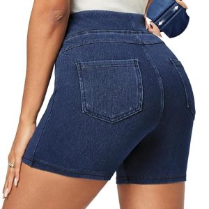 Stretchy Jean Shorts Womens Denim Shorts High Waisted Pull On Jorts Pockets | Tummy Control, No Zipper, 5" Inseam, 4 Deep Pockets, 4-Way Stretch, Lightweight, Summer, Travel, Casual, Vacations, Weekends