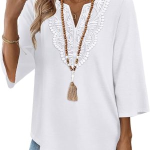 WIHOLL 3/4 Length Sleeve Womens Tops Boho V Neck Lace Shirt Trendy Blouses Dressy Casual Vacation Clothes S-3XL