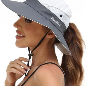 Womens Summer Sun Hat Beach Hat Wide Brim Outdoor UV Protection Hat Foldable Cool Mesh Ponytail Bucket Hat