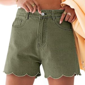 Aoysky Womens High Waisted Jean Shorts | scalloped shorts women, Denim Shorts, Summer, Straight Leg, Wave Hem, Casual Trendy Jort