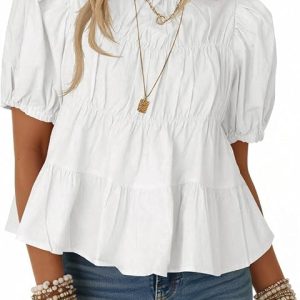 Tankaneo Womens Puff Sleeve Peplum Babydoll Tops Summer T-Shirts Blouse | Flowy Pleated Cotton Shirts,Casual,Cute Baby Doll Top,Loose Fit,Short Sleeve,Trendy Outfit Clothes