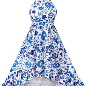 Girls Summer Floral Dress A Line Halter Off Shoulder and Ruched Ruffle Hem Spring Midi Dress for Teen Girls 7-14Y