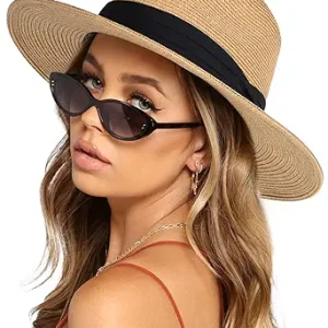 FURTALK Womens Mens Wide Brim Straw Panama Hat Fedora Summer Beach Sun Hat | Breathable Paper Straw, Classic Ribbon Trim, UPF Protection, Adjustable Band Inside, Chin Strap for Gusty Winds