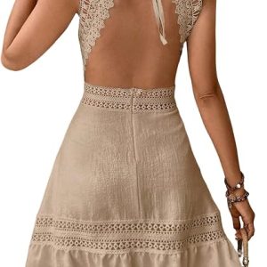 Floerns Women's Contrast Lace Sleeveless Halter Dress Backless Vacation A Line Dress
