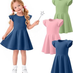 3 Pack Toddler Girls' Summer Dresses | Baby Flutter Sleeve Sundress, Back to School Outfits, Cute Crewneck Knee Length Dress, Kindergarten Preschool Clothes, 18M-5T