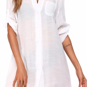Ekouaer Bathing Suit Cover Up for Women V Neck Button Down Swimsuit Coverup Beach Dress Shirt S-3XL