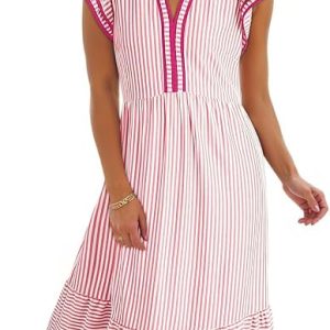Dokotoo Womens Dresses 2026 V-Neck Cap Sleeve Empire Waist Dress | Spring, Summer, Flowy Hem, Striped, Floral, Beach, Midi, Maxi, Side Pockets, Elegant, Fashion, Casual