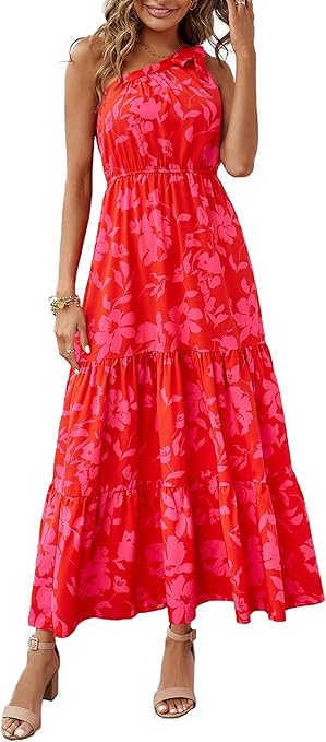 PRETTYGARDEN Women's One Shoulder Boho Floral Maxi Dress | Sleeveless Tiered A Line, Long Flowy Sundress, Tie Knot Summer Vacation Dresses, Spring Wedding Guest Outfits for Beach Party