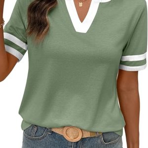 SHEWIN Women's Summer Tops Cotton V Neck Short Sleeve T-Shirts Colorblock Casual Tees 2026 Clothes