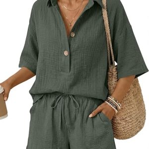 LILLUSORY Women 2 Piece Linen-feel Short Set Summer Outfit | Beach Vacation Outfit,Oversized Matching Short Sets,LightWeight,Button,Cotton Pajamas,Short Sleeve,Lounge set,Breathable