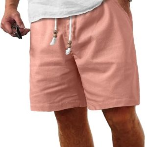 Comdecevis Men's Cotton Linen Casual Shorts | Regular fit, Breathable lightweight, elastic waist with beaded drawstring, ideal for summer beach vacation cruise & golf