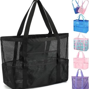 Fammart Mesh Beach Bag for Women, Large Beach Toy Pool Bag with Zipper Pocket, SandProof Cruise Essentials 2026 Family Travel