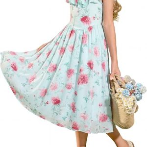 GRACE KARIN Girls Floral Dress Summer Midi Dress Off Shoulder Ruffle Spring Long Dresses