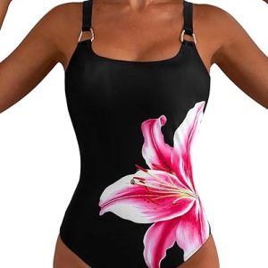 Women's Metal Ring Wide Straps One Piece Swimsuit Floral Print Tummy Control Bathing Suit