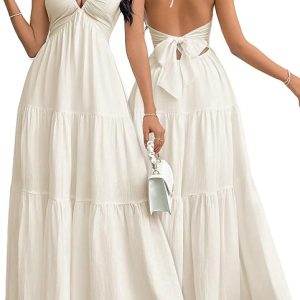 Narecte Women's Maxi Summer Dresses Halter V Neck Beach Dresses for Women A-Line Casual Dress for Vacation
