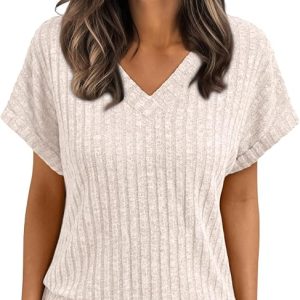 AUTOMET Womens Short Sleeve V Neck Cute Tops 2026 Fall Fashion Sweaters | Dressy Business Casual Work Blouse, Lightweight Cozy Soft Material, Spring Summer Fall Clothes, Loose Fitting Tunic Shirt