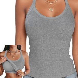 Ninee Womens Tank Tops with Built in Bra Summer Adjustable Spaghetti Straps Camisole Ribbed Cami Tanks