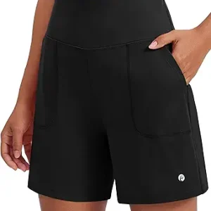 PINSPARK Women's Athletic Shorts 6" High Waisted Yoga Shorts with Pockets | Loose Fit No Liner Walking Shorts, 2 Deep Pockets, Soft & Stretch, High Rise, Casual/Running/Workout