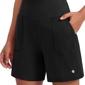 PINSPARK Women's Athletic Shorts 6" High Waisted Yoga Shorts with Pockets | Loose Fit No Liner Walking Shorts, 2 Deep Pockets, Soft & Stretch, High Rise, Casual/Running/Workout