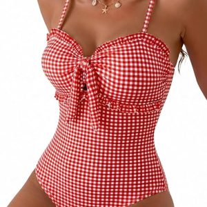 Women's One Piece Swimsuit Knotted Front Ruffle Trim Bathing Suits Tummy Control Cutout Swim Suits