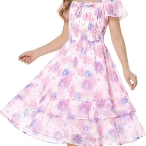 GRACE KARIN Girls Floral Summer Dress Flutter Sleeve Square Neck Midi Casual Dress for Girl 6-14Y