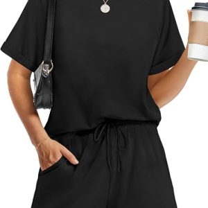 WIHOLL Two Piece Short Sets for Women Casual Summer Outfits Short Sleeve Crew Neck Lounge Matching Set