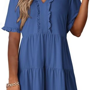 Dokotoo Womens A Line Babydoll Casual Summer Dresses with Pockets | Short Sleeve, V Neck, Hide Tummy, Cute Flowy Western Dress, Mini Short Casual Dress for Graduation Party Date Night Teacher