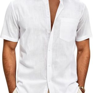 Linen Shirts for Men Short Sleeve Button Down Casual Shirt Cotton Beach Summer Collared Top with Pocket