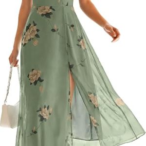 Caracilia Women Square Neck Floral Tulle Wedding Guest Bridemaid Dresses Summer Ruffle Sleeve High Slit Formal Midi Dress