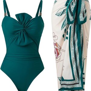 YUNIDMEIM Women's One Piece Swimsuit with Cover Up Set Retro Bathing Suit | Swimsuit with skirt，Adjustable Straps，Removable Pads，Full coverage，Beach vacation,Knot Swimwear,Modest,V Neck,Tummy Control