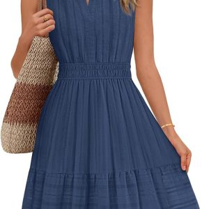MEROKEETY Womens Summer Casual Beach Vacation Sleeveless Mini Sundress 2026 | V Neck, A Line, Solid Color, Ruffle Hem, Flowy Swing Sun Dress, Elastic Waist, Cotton, Wedding Guest Graduation Short Dress