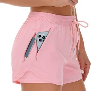 Mancreda Women's Running Shorts with Liner 3 Zipper Pockets Elastic Workout Athletic Gym Yoga Shorts