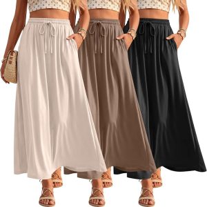 Ficerd 3 Pack Women's Summer Maxi Skirts | Ankle Length Skirts with Pocket, A-Line Elastic High Waist, Drawstring Lightweight Soft, Flowy Casual Outfits, Beach Vacation