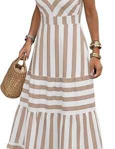 Caracilia Women's Floral Summer Maxi Dress | Spaghetti Strap Smocked Pockets,V Neck A-Line ,Checkered Plaid, Boho Casual,Beach Vacation Resort Cruise Outfits,Fall Clothes