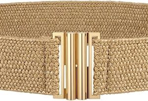 JASGOOD Women's Straw Woven Elastic Belt Rattan Waist Belt Boho Summer Dresses Belt