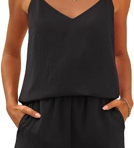 Caracilia Womens 2 Piece Lounge Sets Summer Outfits V Neck Tank Top Short Matching Set Casual Travel Beach Vacation Clothes