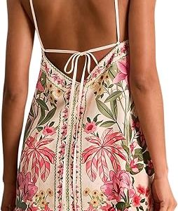 RoseSeek Women's Tropical Halter Short Dresses Summer Vacation Outfits | Boho Tropical Dresses, Tie Backless, Sleeveless, Short Beach Dress, Vacation, Flower Sundresses