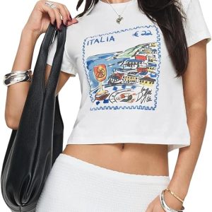 Women Graphic Baby Tees Vintage Cute Aesthetic Tops Y2K Fruit Printed 90s Crop Top Summer Cropped T Shirt
