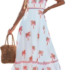 popvil Women Summer Maxi Dress 2026 Spaghetti Strap Long Beach Dress | Flowy Sundress, Adjustable Straps, Smocked Back, Side Pockets, Resort Wear for Vacation, Garden Party, Cruise
