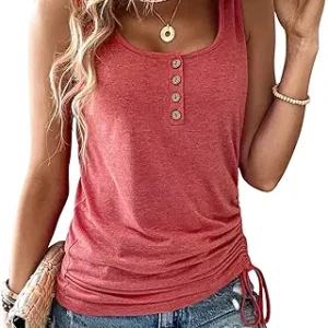 Womens U Neck Tank Tops Summer Sleeveless Loose Button Casual Henley Shirts