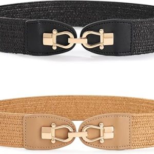 Women Belt Elastic Waist Straw Breathable Boho Braided Belt for Casual | Stylish Gold Buckle,Adjustable,One-Second Interlock，High Elastic, Boho Style for Dresses Skirts Coat