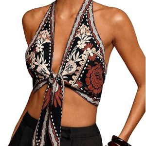 Floerns Women's Summer Floral Halter Tops Tie Front Backless Beach Vacation Crop Tops