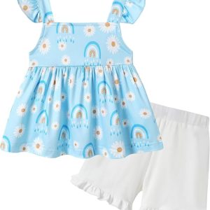 YUEMION Toddler Girl Clothes, 2Pcs Baby Girl Summer Outfits Ruffle Sleeveless Shirts Floral Tops + Shorts Clothing Set 1-5T