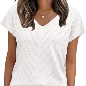WIHOLL Short Sleeve Sweater for Women V Neck Trendy Summer Tops 2026 Beach Vacation Clothes Travel Business Casual Outfits