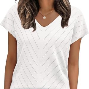 WIHOLL Short Sleeve Sweater for Women V Neck Trendy Summer Tops 2026 Beach Vacation Clothes Travel Business Casual Outfits