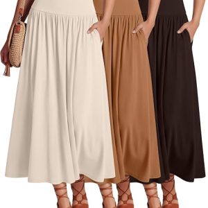 Ficerd 3 Pack Maxi Long Skirts for Women | Ankle Length Skirts with Pocket, High Waisted A Line, Pleated Soft Flowy, Casual Summer Clothes, Work Vacation Daily Outfits